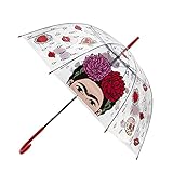 art&design24 Paraguas I’m Frida, Paraguas transparente con mango rojo, Resistente al viento, Apertura automática, Ø 105 cm
